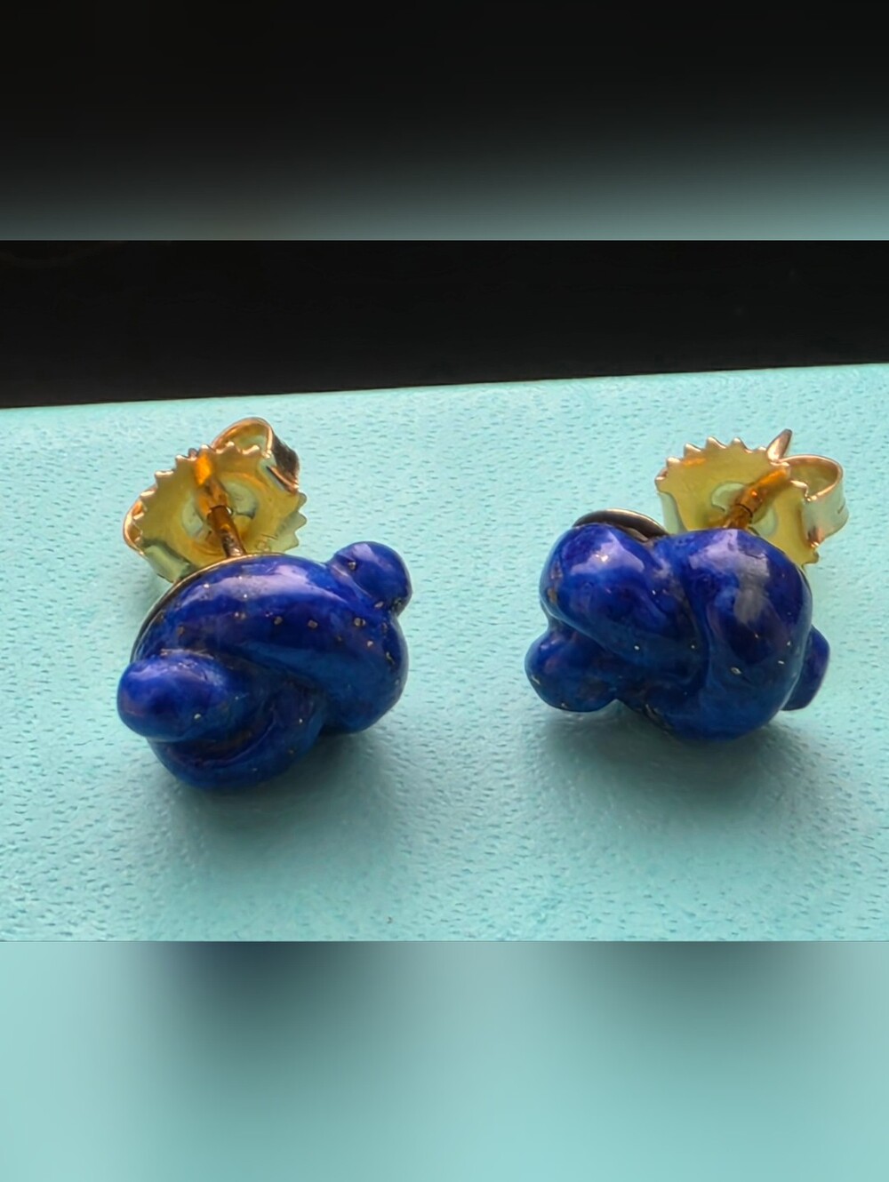 Tiffany & Co. 18k 1979 Yellow Gold Lapis Lazuli Vintage Knot Stud Earrings